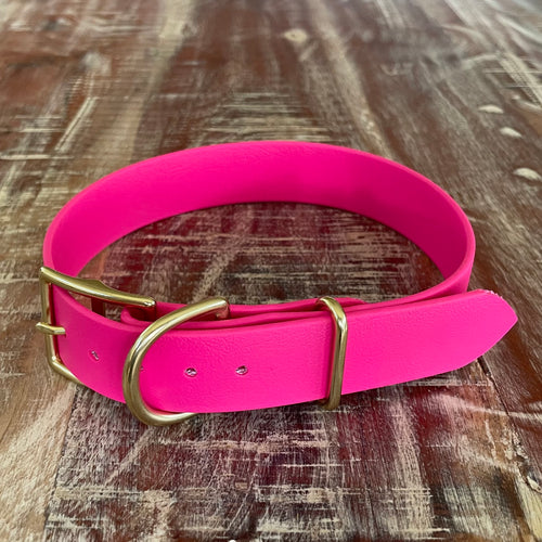Waterproof Buckle Collar : Neon Pink + Brass
